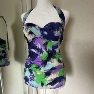 Halter top with padded bust Abstract Green and Purple ties at neck Y2K size Med